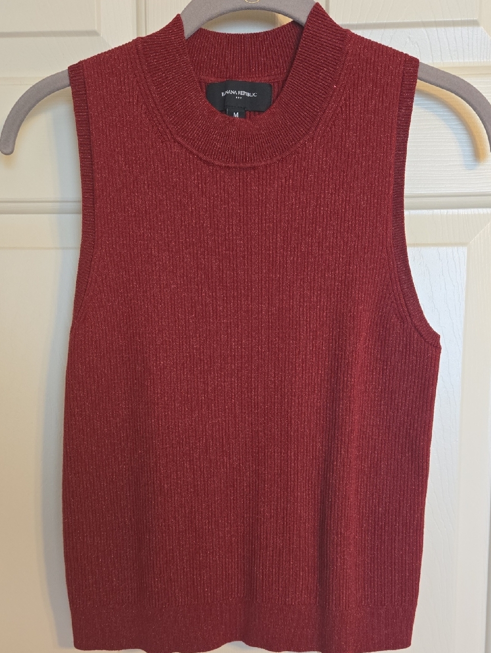 Banana Republic Ribbed Sleeveless Knit Mockneck Top - Wine/ Lurex